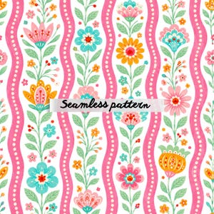 Pode incluir: Um padrão floral sem costura sobre um fundo branco. O design apresenta filas verticais de flores coloridas em rosa, laranja, turquesa e amarelo, intercaladas com listras rosa onduladas. O texto "Seamless pattern" é exibido na imagem.