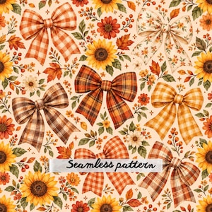 Autumn Coquette Bow Seamless Pattern, Plaid Ribbons Sunflowers Fall Florals & Leaves Digital Paper JPG
