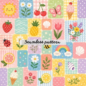 Kawaii Summer Patchwork Seamless Pattern JPG – Pastel Floral, Fruits, Rainbow & Sweet Cottagecore Quilt Design