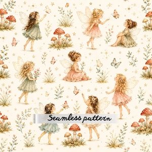Pode incluir: Um padrão contínuo com ilustrações de fadas com asas, cogumelos vermelhos, borboletas e pequenas flores sobre um fundo creme. O texto Seamless pattern está impresso a preto no centro da imagem.