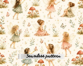 Whimsical Fairy Garden Seamless Pattern JPG | Watercolor Fairy Girls & Mushrooms Digital Paper | Cottagecore Textile Repeat