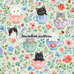 Pode incluir: Padrão sem costura com ilustrações em aquarela de gatinhos em xícaras de chá, rodeados por flores e borboletas. O texto "Seamless pattern" é exibido. A paleta de cores inclui rosa, azul, verde e branco.