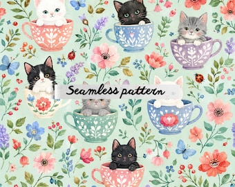 Watercolor Cute Cats Cottage Seamless Pattern PNG, Vintage Garden House Digital Paper, Cottagecore Floral Repeat