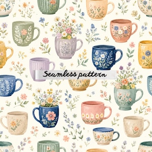 Pode incluir: Um padrão sem costura com várias canecas em aquarela adornadas com desenhos florais e cheias de flores. As canecas são em tons de azul, rosa, amarelo e verde, sobre um fundo creme. O texto "Seamless pattern" é exibido na imagem.
