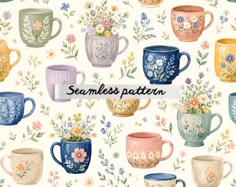 Motivo senza soluzione di continuità con tazza floreale pastello PNG, motivo ripetuto di tazza da tè acquerellata in stile cottagecore per design di tessuti, carta da parati e scrapbooking