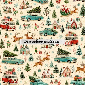 May include: A seamless pattern featuring vintage teal station wagons and trucks carrying Christmas trees, red camper vans with gifts, reindeer, Santa in a sleigh, and snow-covered houses on a cream background with snowflakes and stars.
