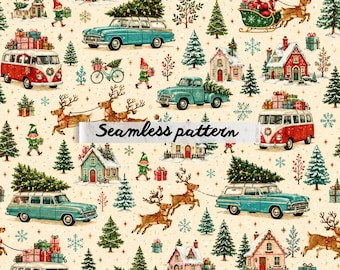 Vintage Christmas Village & Retro Holiday Cars Seamless Pattern, Santa Reindeer Winter Wonderland Repeat, Cozy Festive Cottage Fabric Design