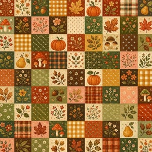 May include: A patchwork pattern featuring a grid of squares with autumn-themed illustrations. The design includes orange pumpkins, red and white mushrooms, brown acorns, yellow pears, various green leaves, and floral sprigs, interspersed with plaid and polka dot squares.