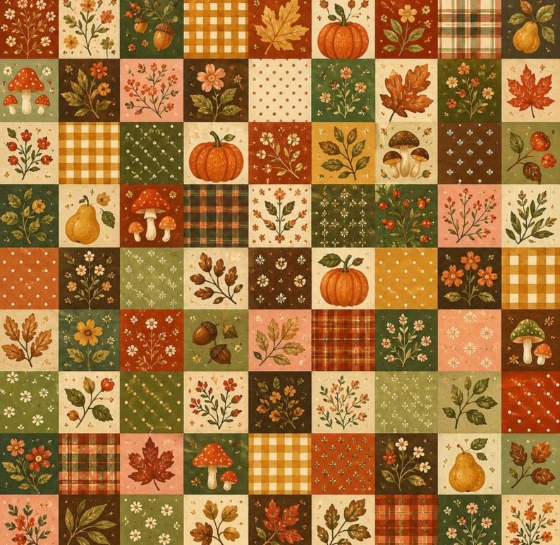 May include: A patchwork pattern featuring a grid of squares with autumn-themed illustrations. The design includes orange pumpkins, red and white mushrooms, brown acorns, yellow pears, various green leaves, and floral sprigs, interspersed with plaid and polka dot squares.