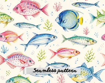 Watercolor Tropical Reef Fish Seamless Pattern JPG, Colorful Coastal Sea Life and Coral Ocean Fabric Design
