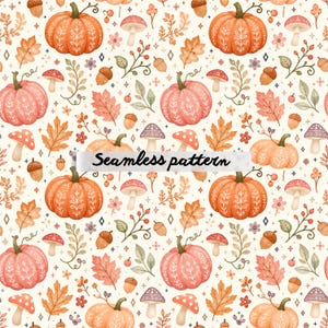 May include: A seamless pattern featuring orange and pink pumpkins with white floral line art, various mushrooms, brown acorns, and autumn leaves on a cream background. The text Seamless pattern is centered horizontally across the image.