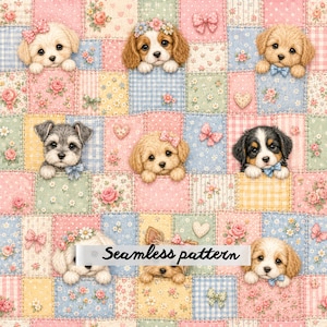 May include: A seamless pattern featuring various puppies peeking out from a patchwork quilt. The quilt squares display pastel colors, floral prints, gingham, and hearts. The puppies are adorned with small bows and flower crowns.