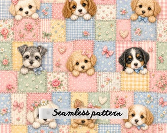 Cute Puppy Patchwork Seamless Pattern Digital Paper Vintage Floral Quilt Cottagecore Dog Fabric Print JPG