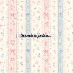 Könnte beinhalten: Ein nahtloses Muster mit vertikalen Streifen aus rosa Vichy, Spitze und blauen Bändern. Das Design umfasst kleine rosa und blaue Blumen und rosa Schleifen. Der Text "Seamless pattern" wird angezeigt.