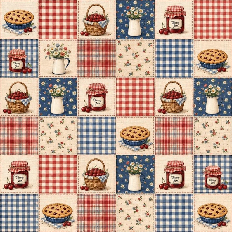 May include: A fabric pattern featuring a grid of squares with alternating designs of red and white gingham, blue and white gingham, red plaid, floral prints, and illustrations of cherry pies, baskets of cherries, and jars of cherry jam.