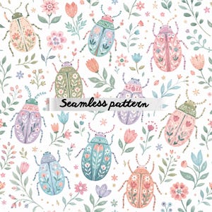 Pode incluir: Um padrão sem costuras apresentando vários besouros em tons pastel de rosa, azul, verde e roxo, cada um decorado com motivos florais intrincados. O design inclui pequenas flores e ramos de folhas num fundo branco com o texto Seamless pattern.