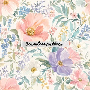Pode incluir: Um padrão floral sem costura com flores em aquarela em tons de rosa, roxo, azul e amarelo, com folhas verdes sobre um fundo creme. O texto "Seamless pattern" é exibido.