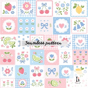 Pode incluir: Um design de padrão sem costura com um patchwork de quadrados com várias ilustrações. Os quadrados apresentam morangos, cerejas, flores, limões e laços em tons pastel rosa, azul e branco. O texto "Seamless pattern" é exibido no centro.