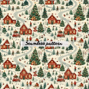 May include: A seamless Christmas pattern with red houses, snow-covered roofs, and decorated Christmas trees. The design includes a winding road, people, red cars, and the text "Seamless pattern" on a white banner.