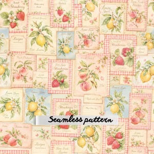 Vintage Fruit Patchwork Cards Seamless Pattern JPG Watercolor Strawberries Lemons Peaches Cottagecore Fabric Digital Paper Download