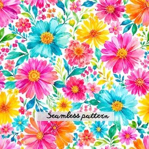 May include: A seamless pattern featuring a vibrant watercolor illustration of various flowers in shades of pink, turquoise, yellow, and orange, interspersed with green leaves and small buds, with the text Seamless pattern centered.