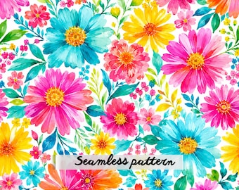 Colorful Floral Seamless Pattern JPG, Bright Wildflower Fabric Print, Botanical Digital Paper