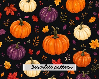 Whimsical Pink Pumpkins & Autumn Florals Seamless Pattern | Cottagecore Fall Fabric | Watercolor Harvest Digital Paper