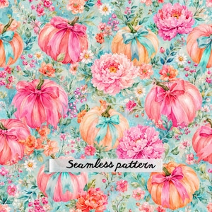May include: A seamless pattern featuring watercolour pumpkins in shades of pink and orange, each tied with a blue or pink ribbon, interspersed with pink peonies, small white daisies, and green foliage on a light blue background with text.