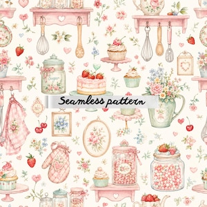 May include: Watercolor seamless pattern featuring kitchen-themed illustrations. The design includes cakes, cupcakes, jars, shelves, and utensils, all in soft pink, white, and green hues. The text "Seamless pattern" is displayed across the image.