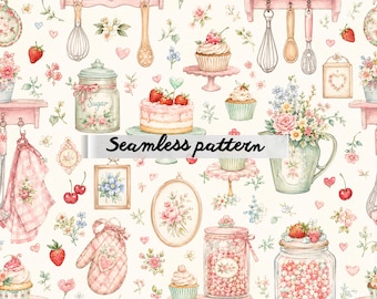 Motivo senza cuciture in stile cottagecore pastello per la pasticceria, stampa floreale romantica per la cucina e i dessert, design ad acquerello per il tea party alle fragole.
