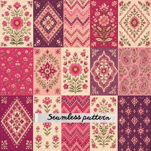 May include: A seamless pattern featuring a grid of fifteen rectangular panels with various floral, paisley, and chevron designs in shades of pink, magenta, and cream. The text "Seamless pattern" is printed in black across the center row.