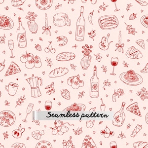 May include: A seamless pattern featuring hand-drawn red line art on a light pink background. The design includes illustrations of wine bottles, glasses, cheese, pasta, pizza slices, tomatoes, strawberries, cherries, candles, and small floral sprigs.