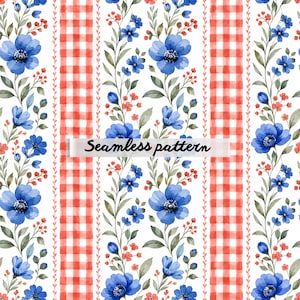Pode incluir: Um padrão sem costura com flores azuis em aquarela e listras xadrez vermelhas sobre um fundo branco. O design inclui pequenas flores vermelhas e folhas verdes. O texto "Seamless pattern" é exibido.