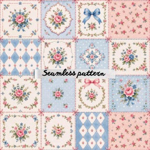 Pode incluir: Um padrão sem costuras com uma grelha de azulejos quadrados com motivos florais, laços azuis, laços cor-de-rosa e padrões de diamantes. O design inclui rosas cor-de-rosa e azuis, pequenas folhas verdes e bolinhas brancas sobre fundos azul-claros e creme.