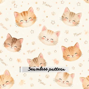Pode incluir: Um padrão contínuo com ilustrações em aguarela de rostos de gatos tigrados cor de laranja sorridentes sobre um fundo creme. O design inclui pequenas pegadas castanhas, estrelas e o texto manuscrito Meow e Seamless pattern.