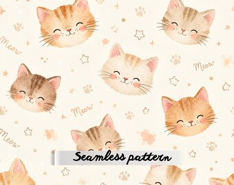 Cute Watercolor Kitten Faces Seamless Pattern | Baby Cat Nursery Fabric | Kawaii Cats | Neutral Beige | Digital Paper