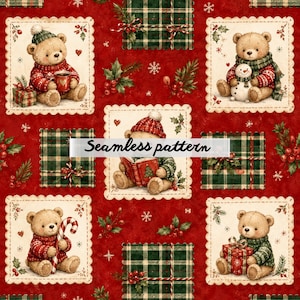 Pode incluir: Um padrão sem costura com ursinhos de pelúcia festivos sobre um fundo vermelho. Os ursos usam chapéus de inverno, cachecóis e suéteres, segurando presentes, canecas e bengalas doces. O design inclui xadrez e o texto "Seamless pattern".