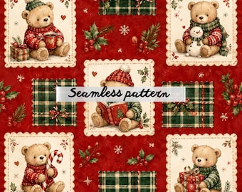Christmas Teddy Bear Seamless Pattern, Cozy Plaid Holiday Fabric, Vintage Watercolor Xmas Bears, Rustic Cottagecore Winter Wallpaper Design