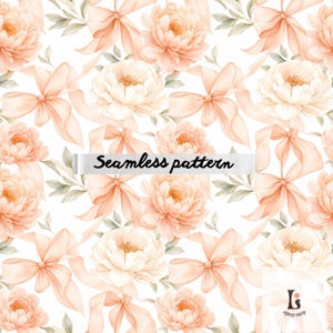 Pode incluir: Padrão sem costura com peónias, laços e folhagens em aquarela em tons suaves de pêssego e creme. O design inclui o texto "Seamless pattern" em um fundo branco. Este design floral é adequado para várias aplicações.