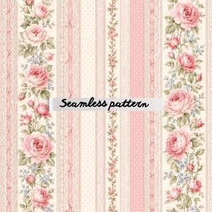 Pode incluir: Um padrão sem costuras com riscas verticais de rosas cor-de-rosa, folhas verdes e renda branca sobre um fundo creme. O design inclui bandas alternadas de pontos e videiras florais com o texto Seamless pattern centrado na imagem.