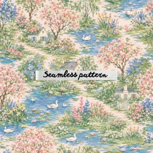 Könnte beinhalten: Ein nahtloses Muster mit einer friedlichen Landschaft mit einem Teich, Schwänen und kleinen Häusern. Das Design umfasst rosa und blaue blühende Bäume, üppiges Grün und den Text "Seamless pattern" auf einem Banner.