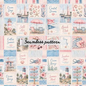 Pode incluir: Um padrão contínuo apresentando uma grade de ilustrações costeiras, incluindo veleiros, faróis, guarda-sóis, cadeiras, conchas e placas com textos como Ocean Days, Coastal Dreams, Salt Air, Beach Club e Summer Mood em tons suaves.