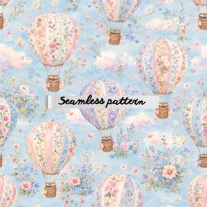 Pode incluir: Padrão sem costura com balões de ar quente pastel adornados com desenhos florais, flutuando em um céu azul claro com nuvens e flores. O texto "Seamless pattern" é exibido em uma faixa branca.