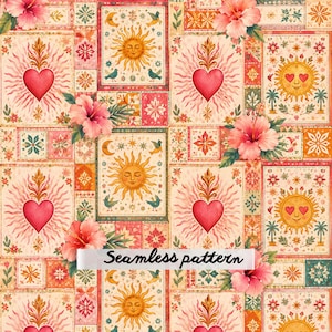 Boho Sacred Heart Patchwork Seamless Pattern, Watercolor Folk Art Suns, Hibiscus Florals, Vintage Mexican Textile Fabric Design