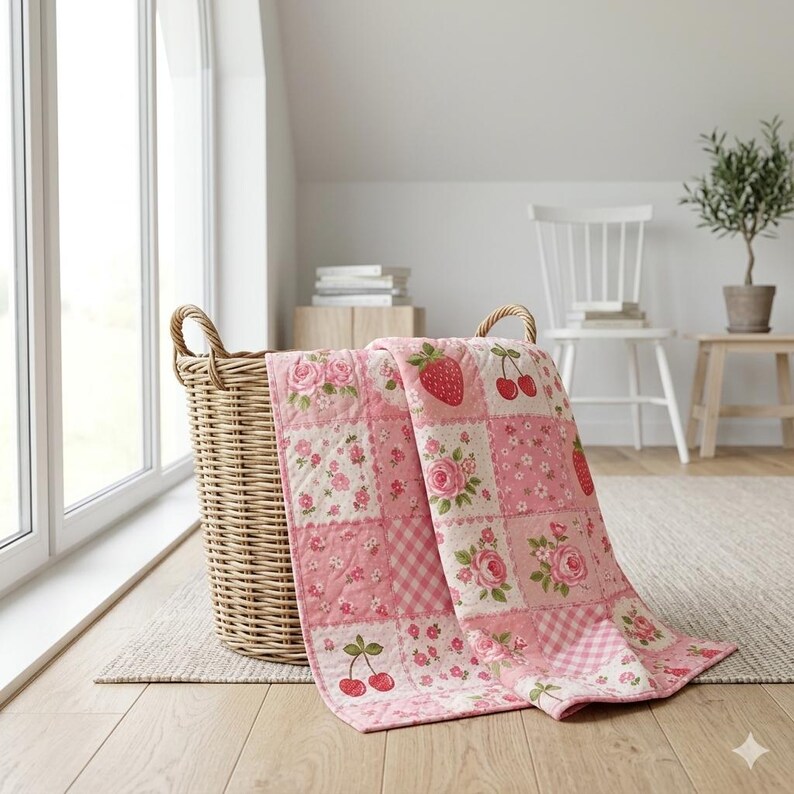 May include: A pink and white patchwork quilt with floral, strawberry, and cherry patterns draped over a wicker basket. The quilt features various square designs with roses, gingham, and fruit motifs. The basket has two handles.