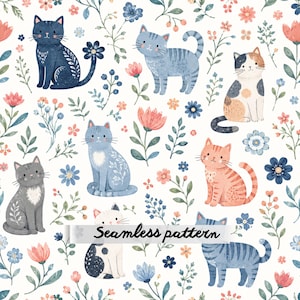 Könnte beinhalten: Ein nahtloses Muster mit Aquarellillustrationen verschiedener Katzen in Blau-, Grau-, Orange- und Weißtönen, durchsetzt mit kleinen Blumen, Blättern und Beeren auf weißem Grund. Der Text Seamless pattern steht in der Mitte.