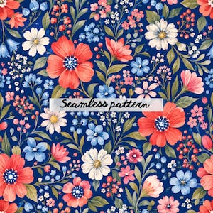 Pode incluir: Padrão floral sem costura sobre um fundo azul escuro. O design apresenta flores vermelhas, brancas, rosa e azuis, folhas verdes e o texto "Seamless pattern". Ideal para têxteis e design.