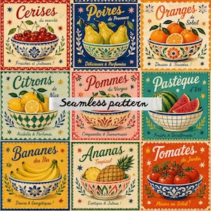 Pode incluir: Um padrão contínuo com nove painéis quadrados, cada um exibindo uma tigela de frutas com etiquetas em francês. As frutas incluem cerejas, peras, laranjas, limões, maçãs, melancia, bananas, abacaxi e tomates em tigelas decorativas.