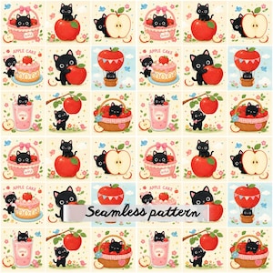 Pode incluir: Um padrão contínuo com ilustrações repetidas de gatos pretos com maçãs vermelhas, cestas cor-de-rosa, bolos de maçã e copos de sumo de maçã. O design inclui pequenos pássaros azuis, flores e o texto Seamless pattern no centro.