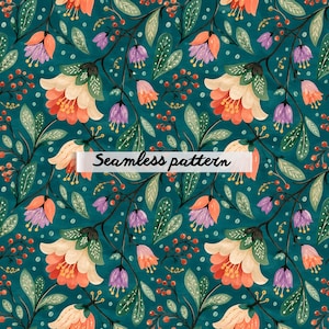 Pode incluir: Padrão floral sem costura com flores laranja, roxas e creme sobre um fundo azul-petróleo. O design inclui folhas, bagas e o texto "Seamless pattern". Este padrão é adequado para várias aplicações, como têxteis.
